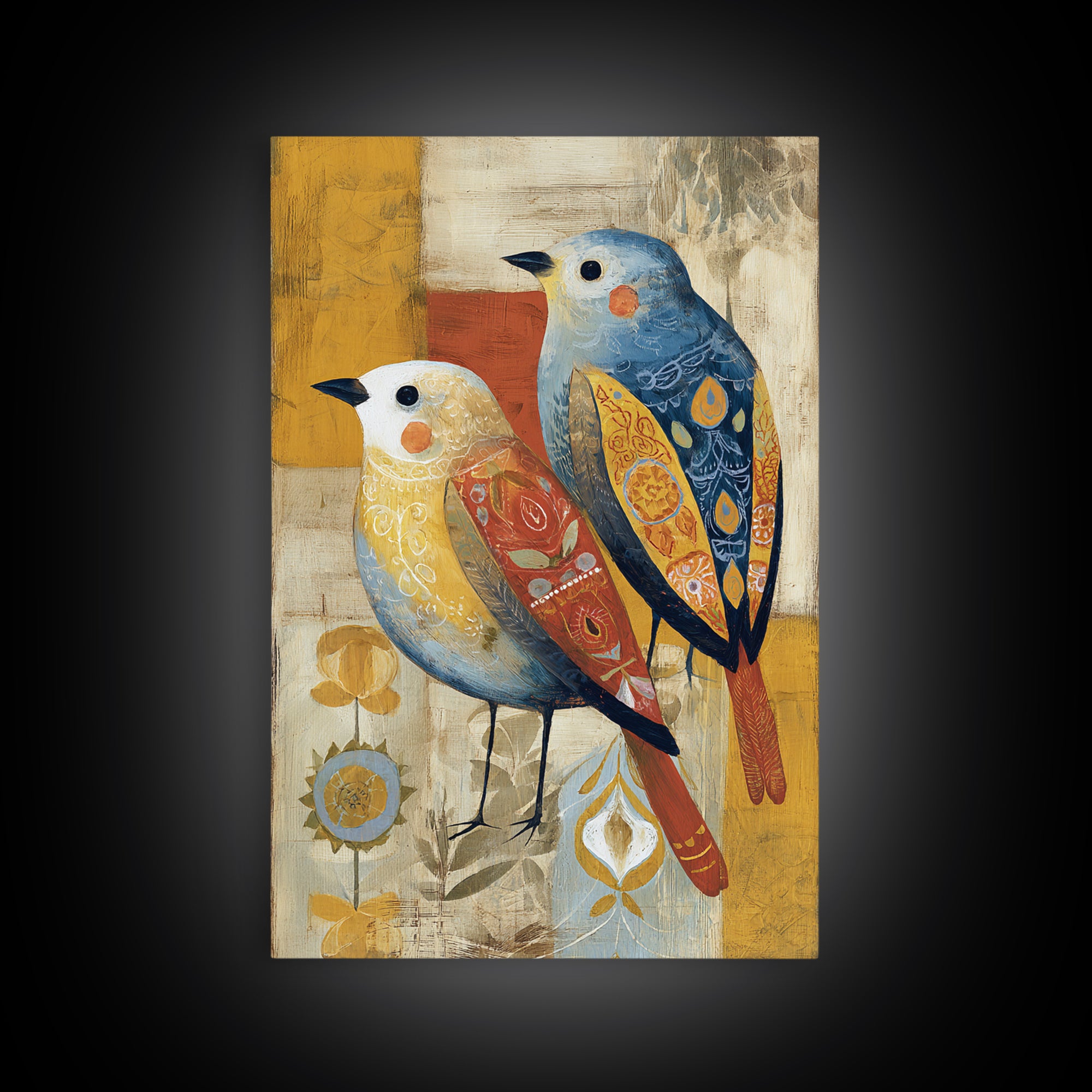 Boho Bird Pair Framed Canvas Print, Boho Art, Gallery Decor, Living Room Decor, Fine Art, Bohemian, Home Decor, Wall Decor, BOH-2x3-28
