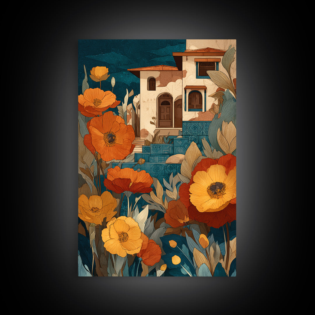 Burnt Orange Floral Field at Sunset Canvas Print, Boho Art, Living Room Decor, Oil Painting, Bohemian, Modern Decor, BOH-2x3-45