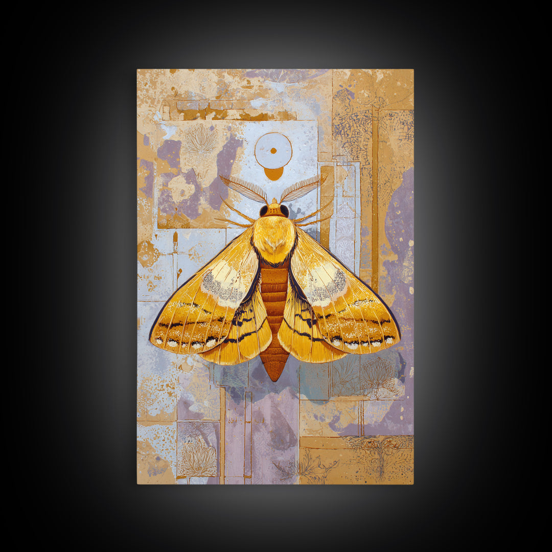 Golden Moth with Moon and Stars Canvas Print, Boho Art, Abstract Wall Art, Living Room Decor, Bohemian, Fine Art Print, BOH-2x3-49