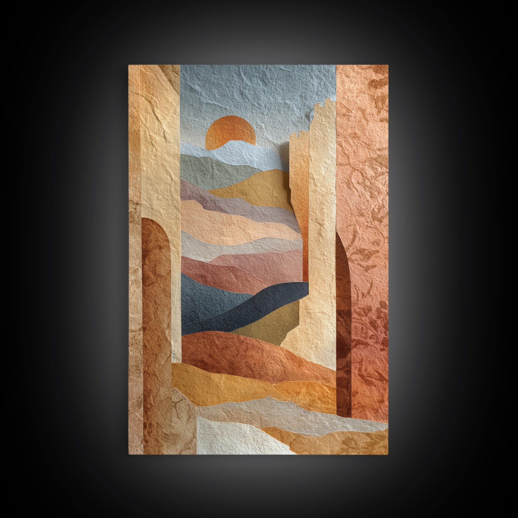 Sunrise over Rolling Dunes in Muted Peach Framed Canvas Print, Boho Art, Boho Wall Art, Living Room Decor, Oil Painting, BOH-2x3-53