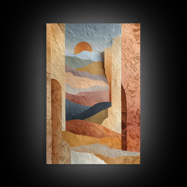 Sunrise over Rolling Dunes in Muted Peach Framed Canvas Print, Boho Art, Boho Wall Art, Living Room Decor, Oil Painting, BOH-2x3-53