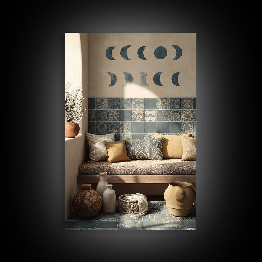 Moon Phases Above Botanical Silhouettes Canvas Print, Boho Art, Abstract Art, Living Room Decor, Bohemian 458, Set of Prints, BOH-2x3-58