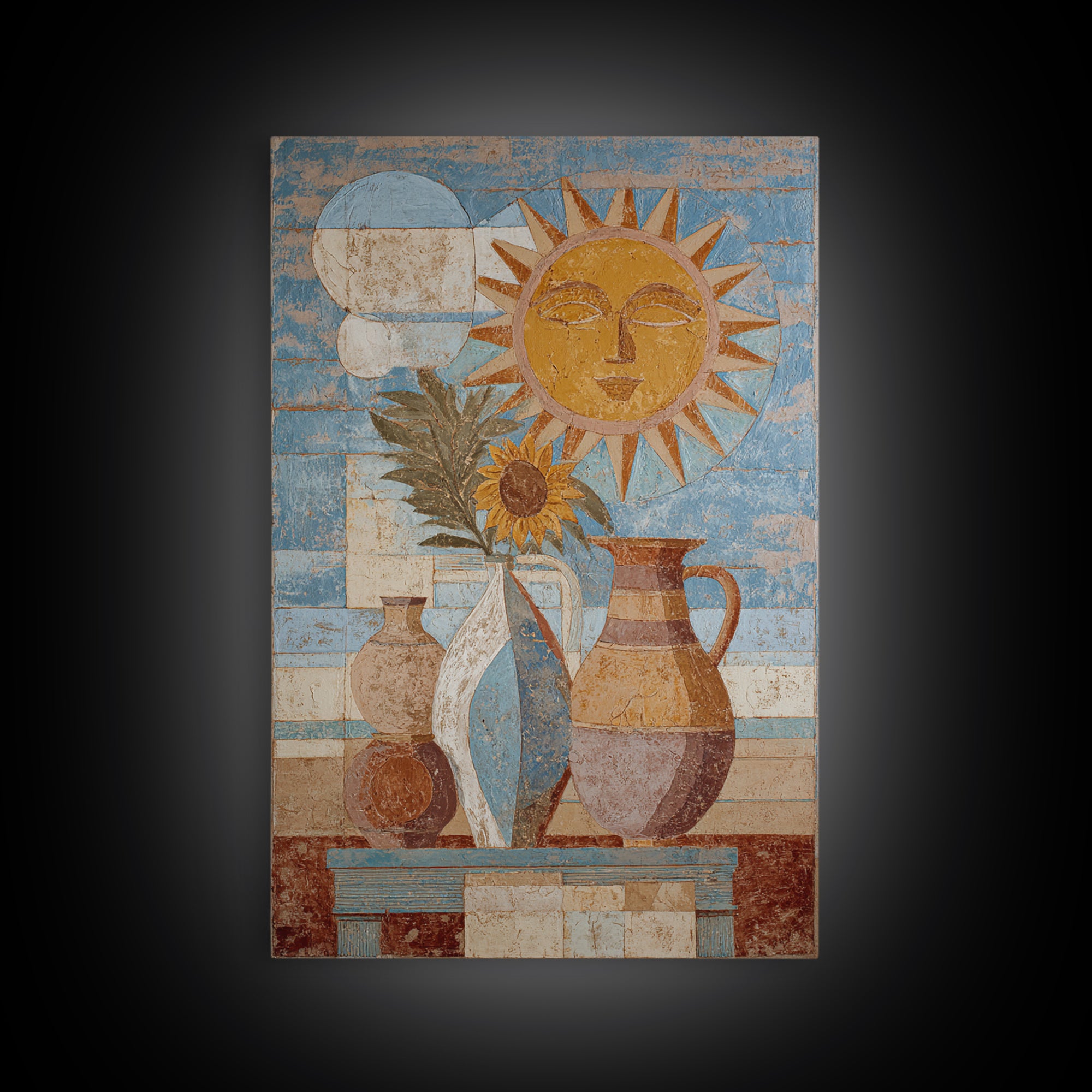 Sun and Moon Celestial Folk Motif Canvas Print, Boho Art, Art Deco, Living Room Decor, Oil Painting, Bohemian, Modern Wall Art, BOH-2x3-66