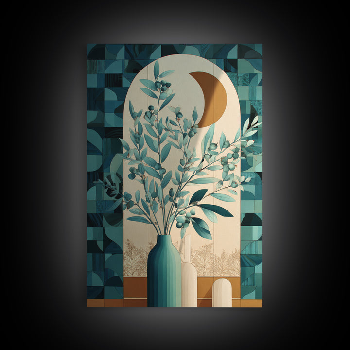 Sage Green Eucalyptus and Crescent Moon Canvas Print, Boho Art, Art, Living Room Decor, Bohemian, Wallart, Art Nouveau, BOH-2x3-7