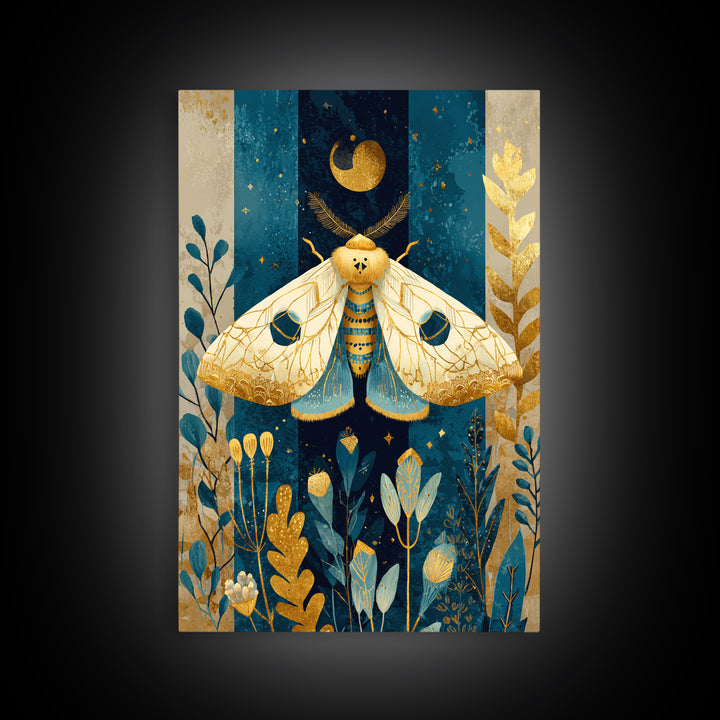 Golden Moth with Moon and Stars Framed Canvas Print, Boho Art, Living Room Wall Art, Living Room Decor, Fine Art, Bohemian, BOH-2x3-73