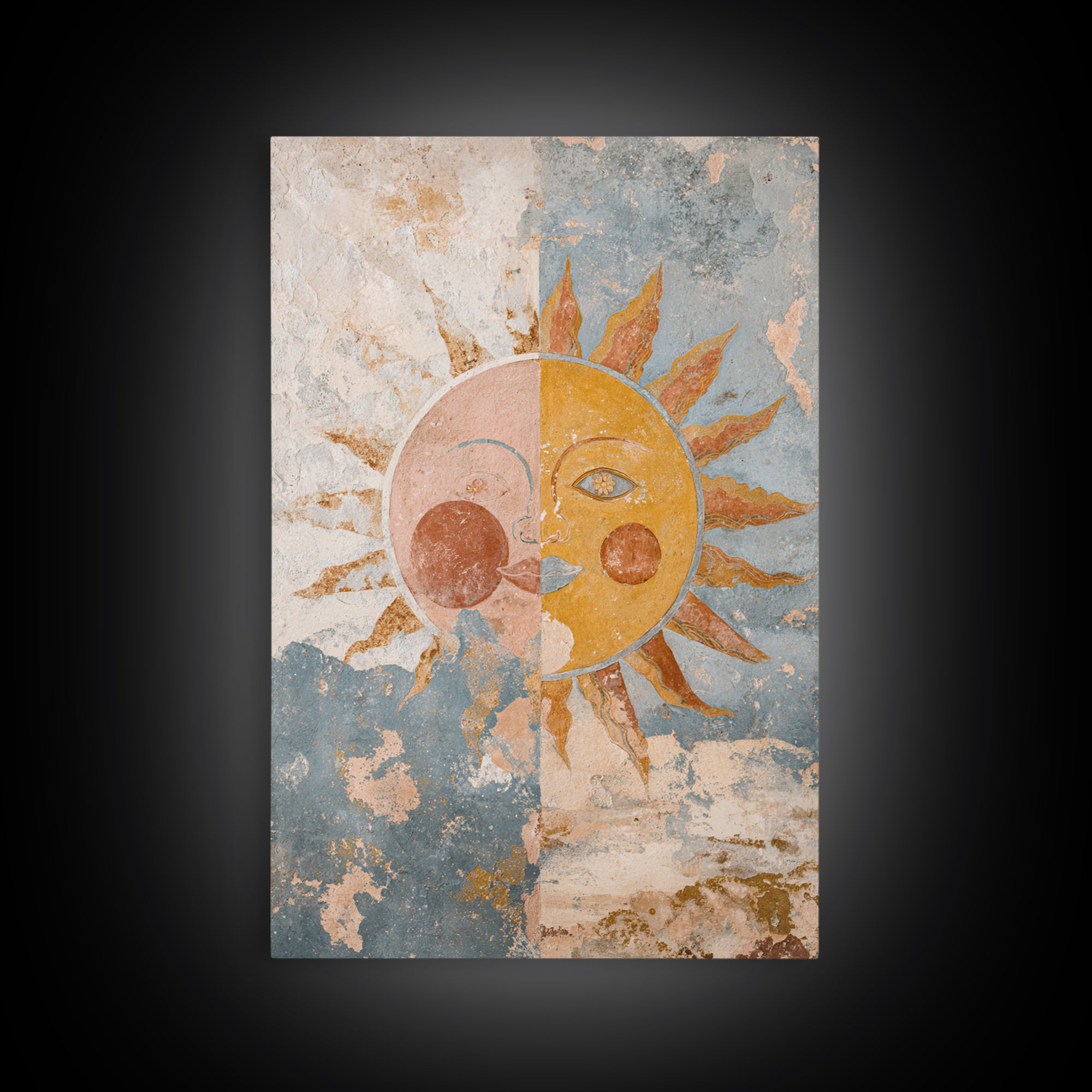 Sun and Moon Celestial Folk Motif Framed Canvas Print, Boho Art, Digital Print, Living Room Decor, Fine Art, Bohemian, BOH-2x3-90