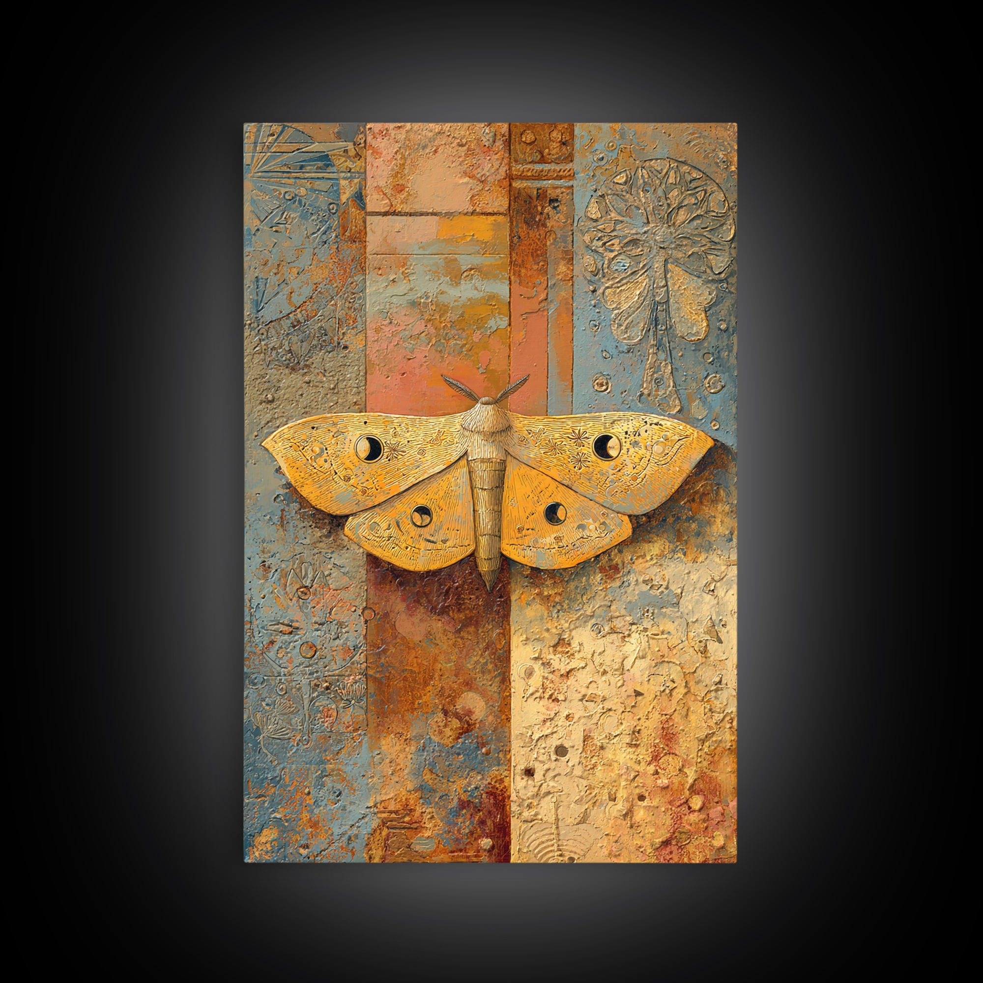 Golden Moth with Moon and Stars Framed Canvas Print, Boho Art, Living Room Wall Art, Living Room Decor, Fine Art, Bohemian, BOH-2x3-97