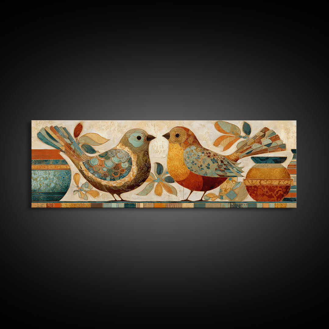 Boho Bird Pair Framed Canvas Print, Boho Art, Boho Decor, Living Room Decor, Fine Art, Bohemian, Textured Painting, BOH-3x1-12