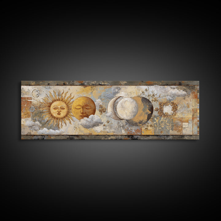Sun and Moon Celestial Folk Motif Framed Canvas Print, Boho Art, Wallart, Living Room Decor, Bohemian, Living Room Wall Art, BOH-3x1-2