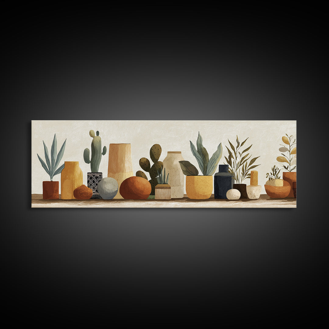 Warm Neutral Cactus Garden Illustration Canvas Print, Boho Art, Abstract Art, Living Room Decor, Bohemian 234, Set of Prints, BOH-3x1-34