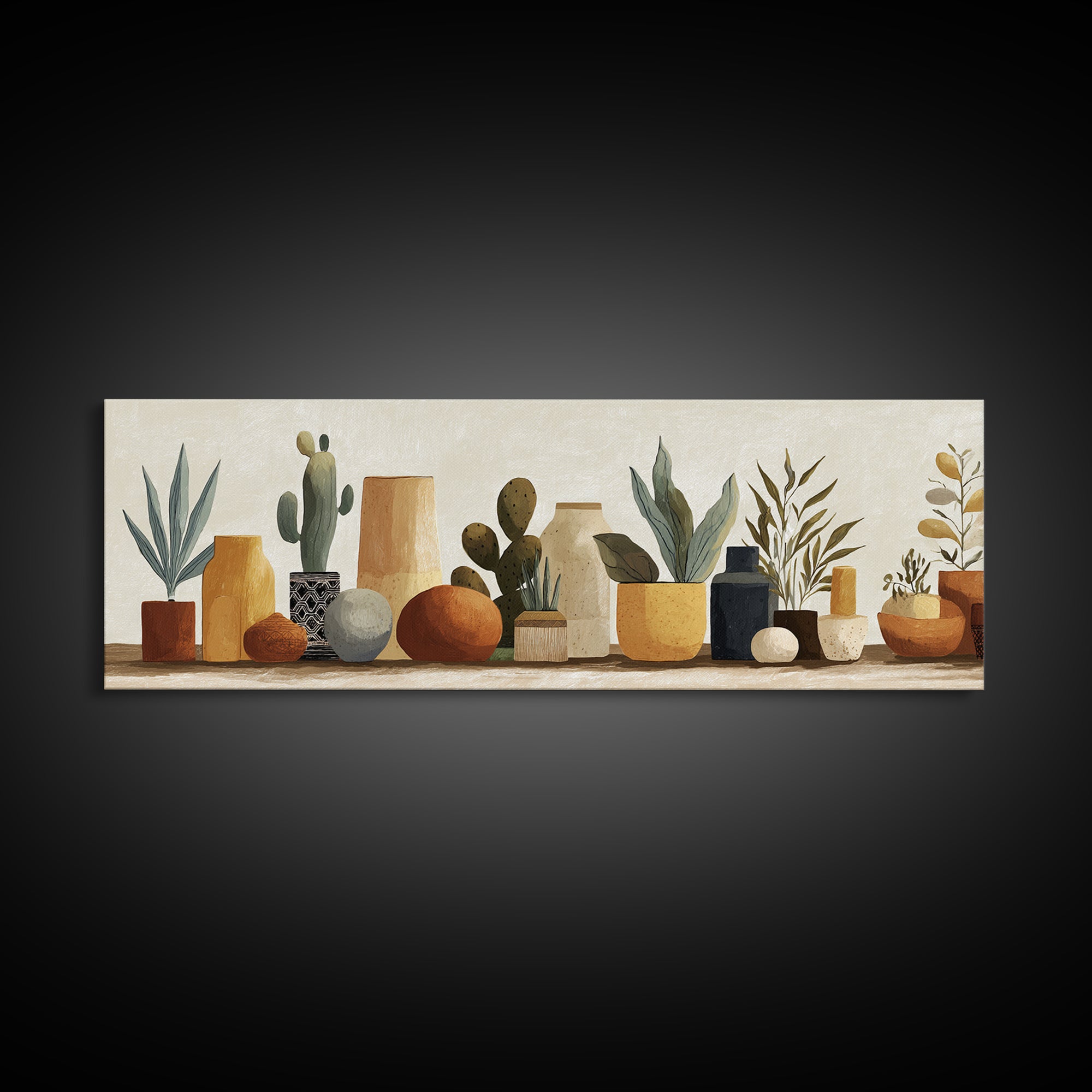 Warm Neutral Cactus Garden Illustration Canvas Print, Boho Art, Abstract Art, Living Room Decor, Bohemian 234, Set of Prints, BOH-3x1-34