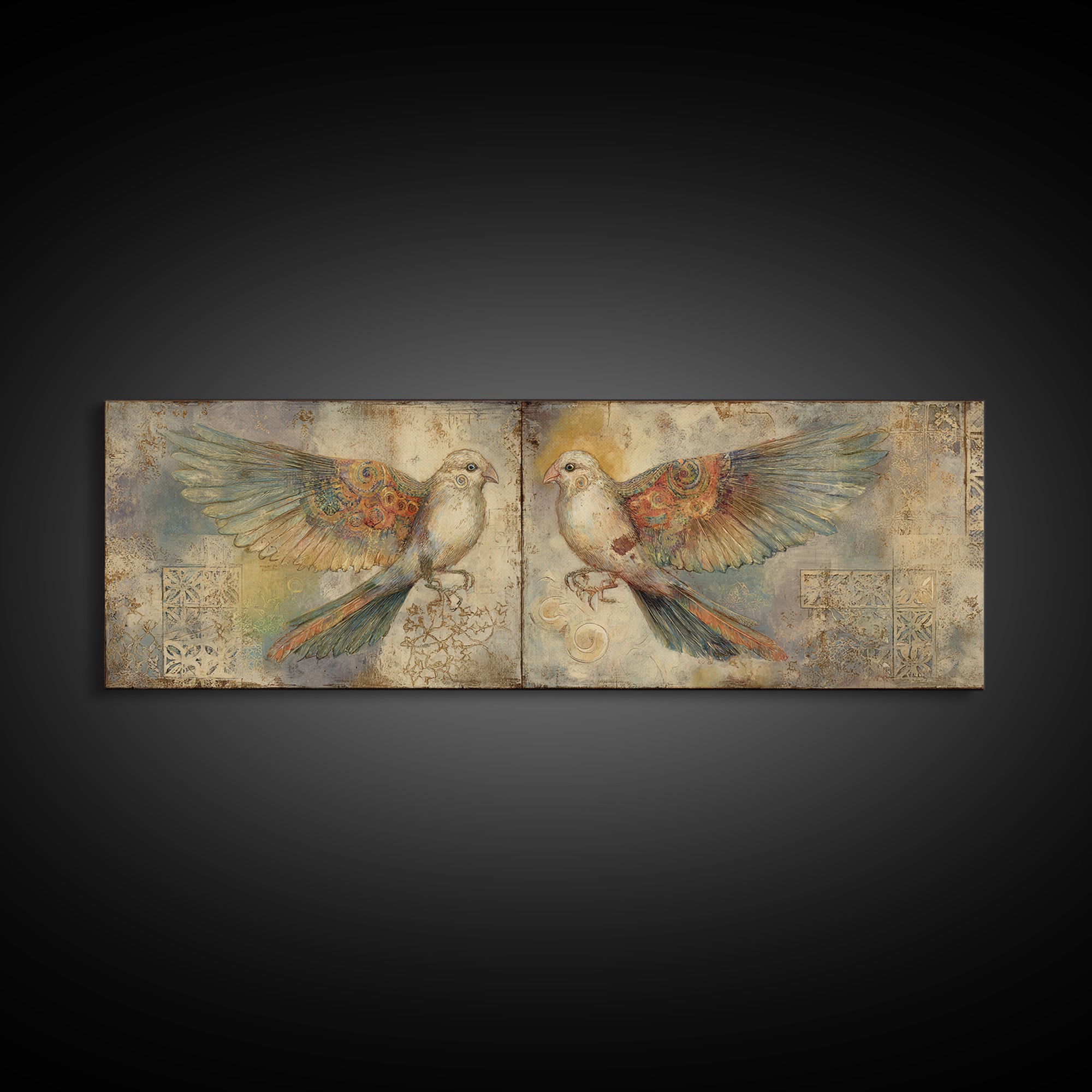 Boho Bird Pair Canvas Print, Boho Art, Neutral Decor, Living Room Decor, Fine Art, Bohemian, Wall Decor, Prints, Art Prints, BOH-3x1-36