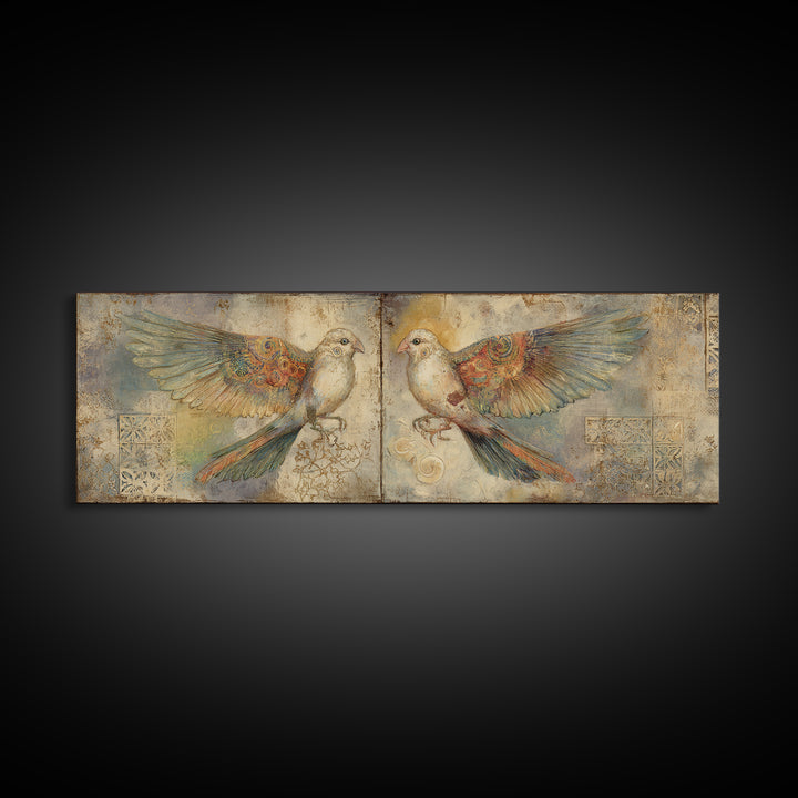 Boho Bird Pair Canvas Print, Boho Art, Neutral Decor, Living Room Decor, Fine Art, Bohemian, Wall Decor, Prints, Art Prints, BOH-3x1-36