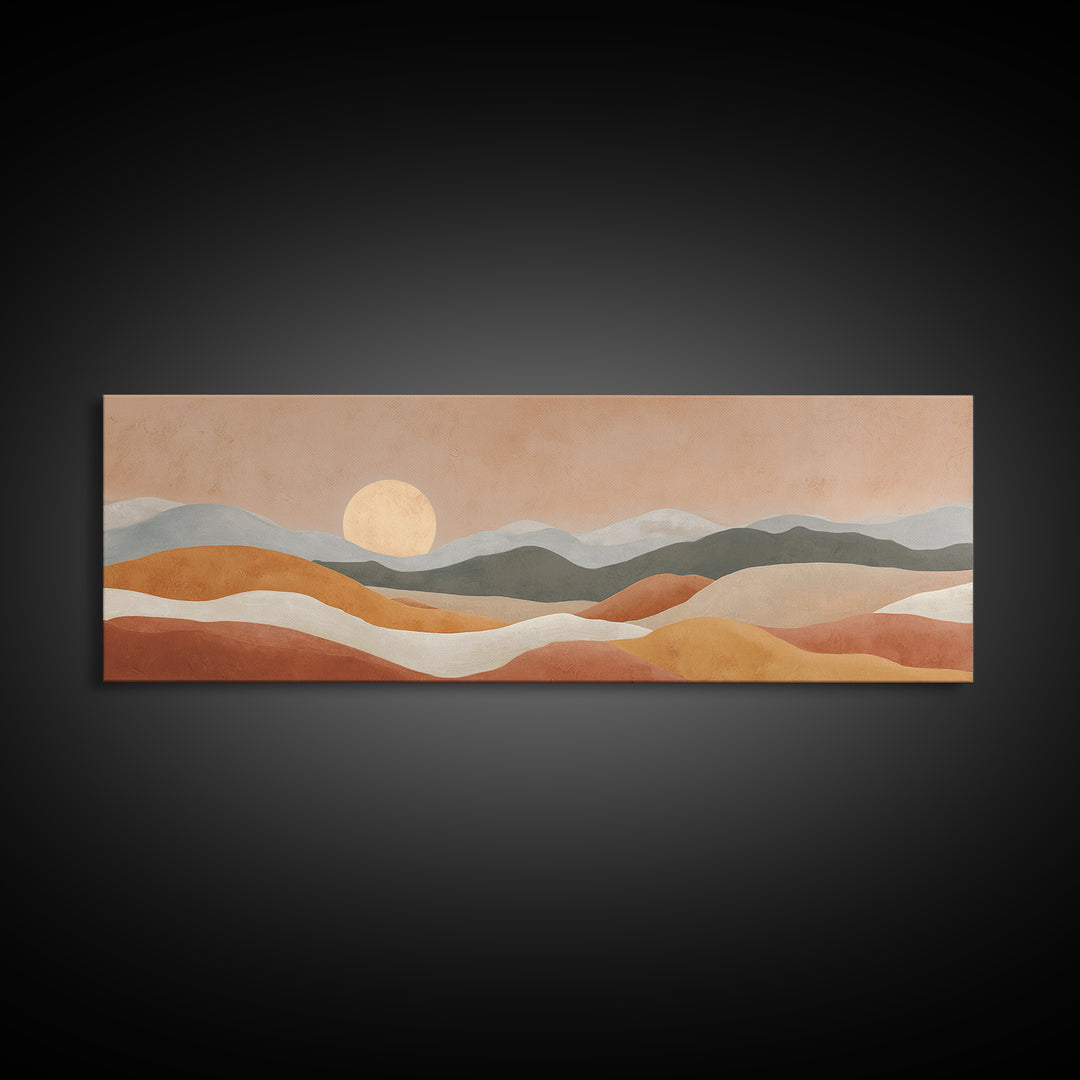 Sunrise over Rolling Dunes in Muted Peach Framed Canvas Print, Boho Art, Wall Art Set, Living Room Decor, Watercolor Art, BOH-3x1-37