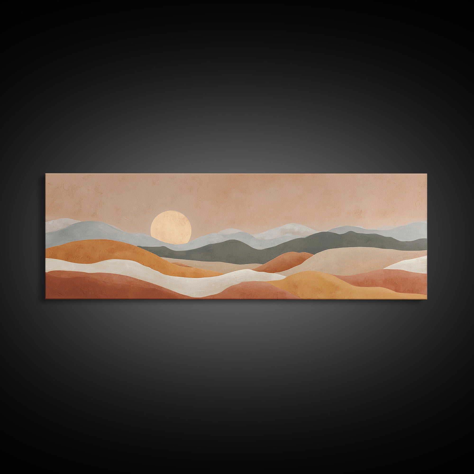 Sunrise over Rolling Dunes in Muted Peach Framed Canvas Print, Boho Art, Wall Art Set, Living Room Decor, Watercolor Art, BOH-3x1-37