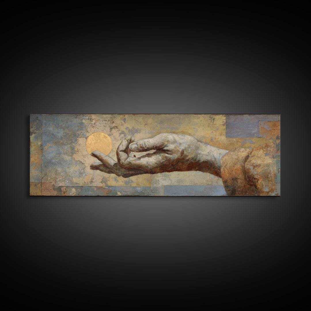 Mystic Hand Holding a Tiny Sun Canvas Print, Boho Art, Modern Wall Art, Living Room Decor, Fine Art, Bohemian, BOH-3x1-46