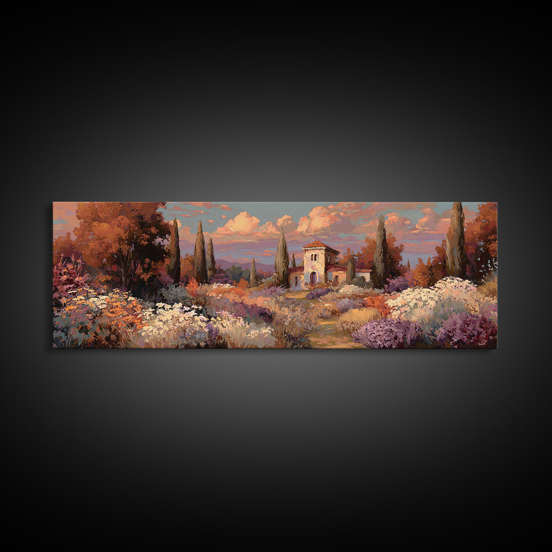 Burnt Orange Floral Field at Sunset Framed Canvas Print, Boho Art, Boho Wall Art, Living Room Decor, Fine Art, Bohemian, BOH-3x1-5