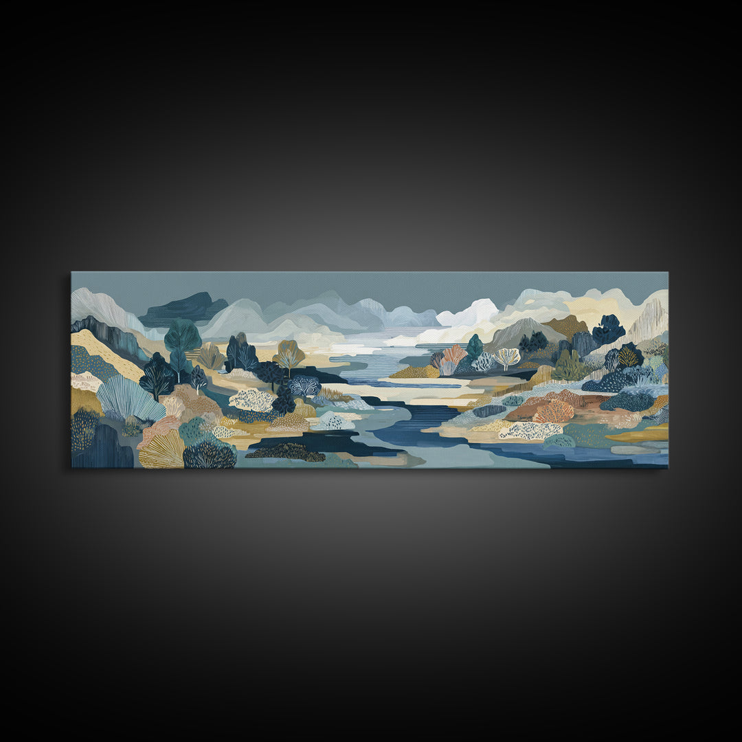 Earth Tone Mountain and River Abstraction Framed Canvas Print, Boho Art, Boho, Living Room Decor, Oil Painting, Bohemian, BOH-3x1-51