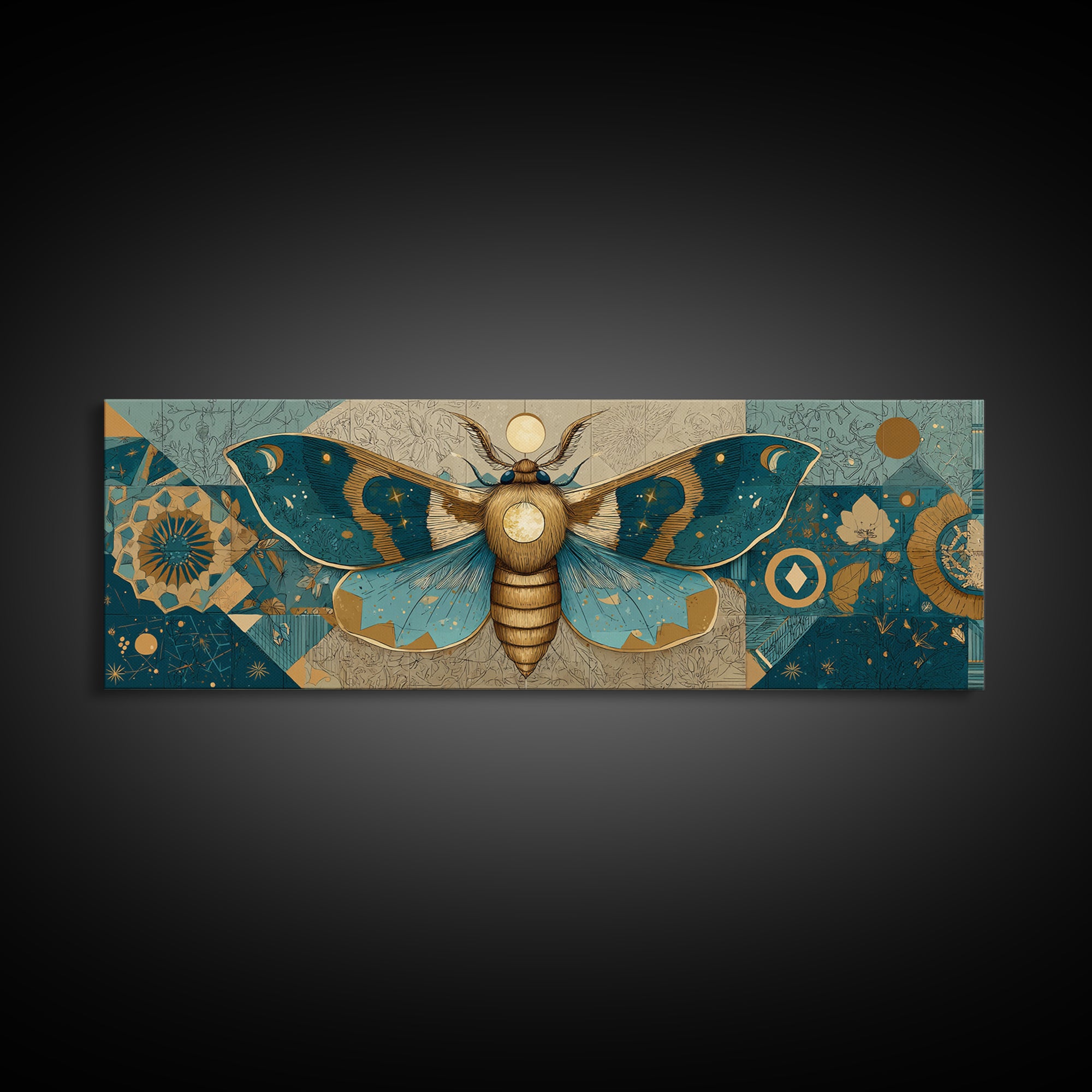 Golden Moth with Moon and Stars Framed Canvas Print, Boho Art, Statement Artwork, Living Room Decor, Fine Art, Bohemian, BOH-3x1-57