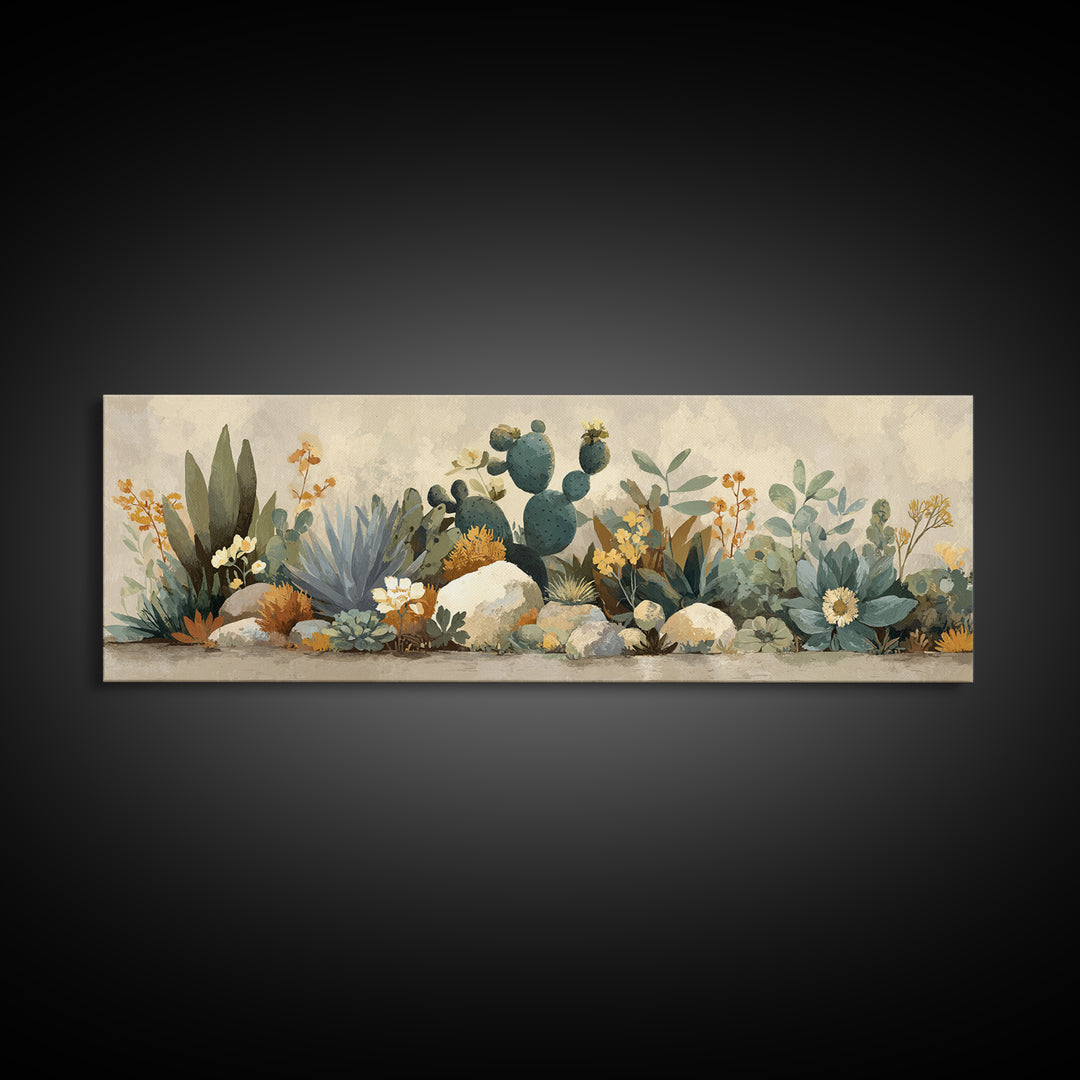 Warm Neutral Cactus Garden Illustration Framed Canvas Print, Boho Art, Boho Wall Art, Living Room Decor, Oil Painting, Bohemian, BOH-3x1-58