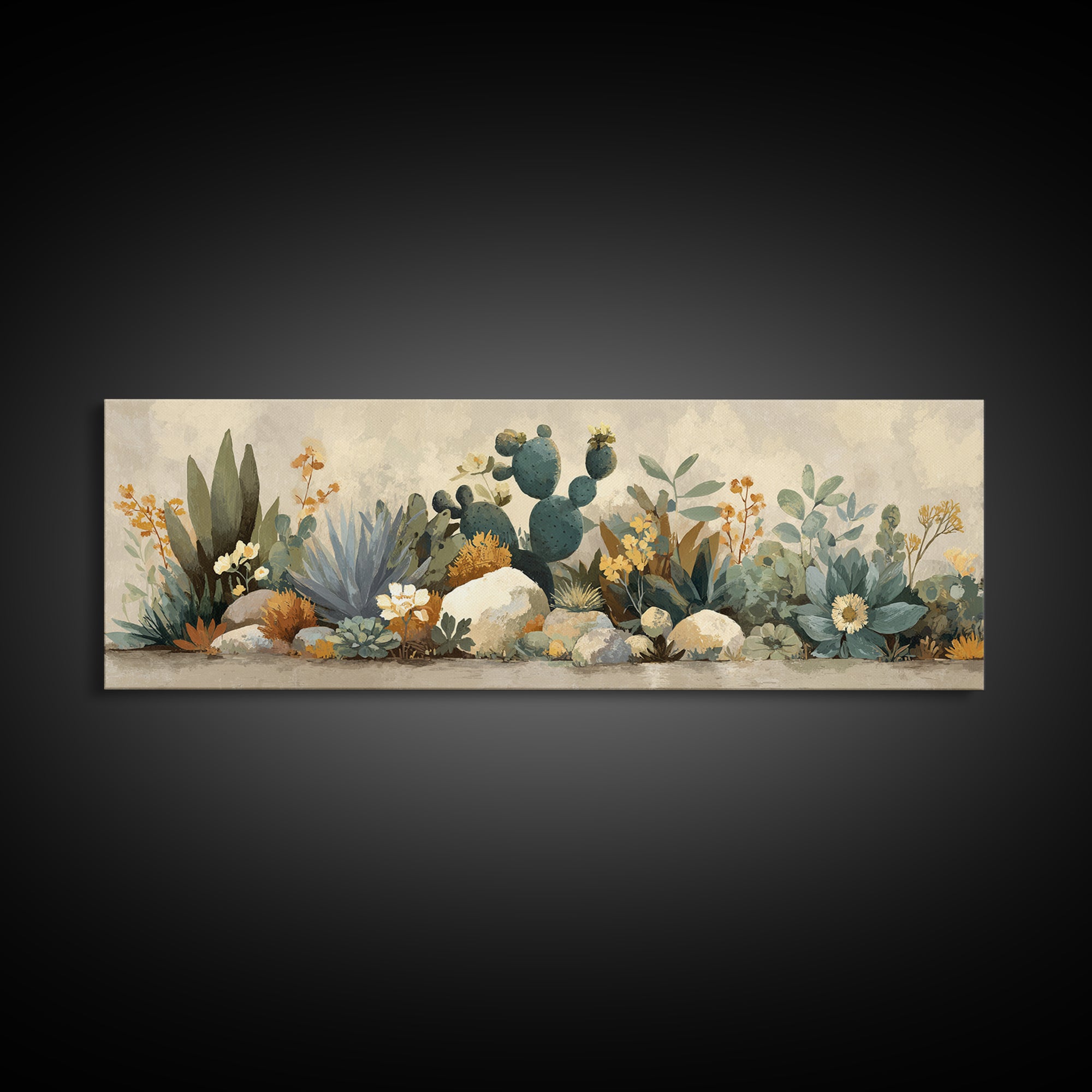 Warm Neutral Cactus Garden Illustration Framed Canvas Print, Boho Art, Boho Wall Art, Living Room Decor, Oil Painting, Bohemian, BOH-3x1-58