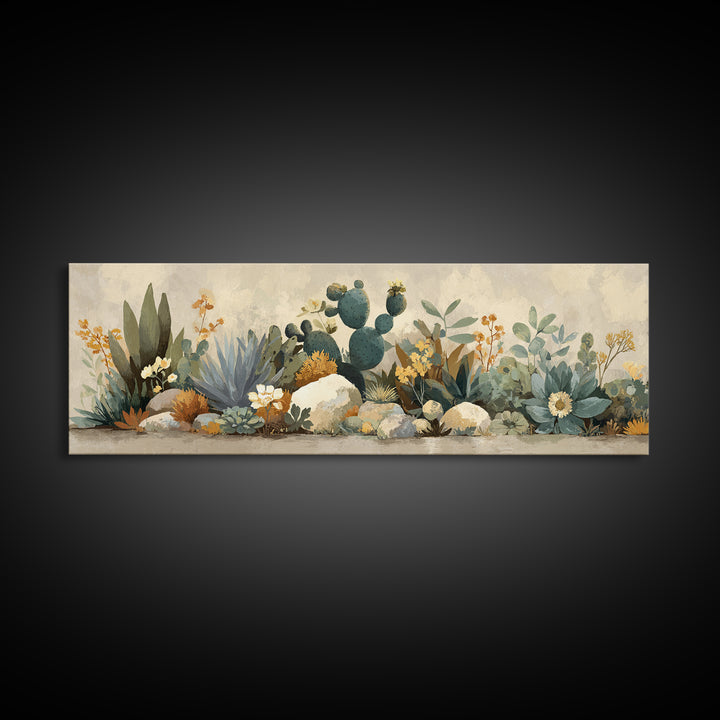 Warm Neutral Cactus Garden Illustration Framed Canvas Print, Boho Art, Boho Wall Art, Living Room Decor, Oil Painting, Bohemian, BOH-3x1-58
