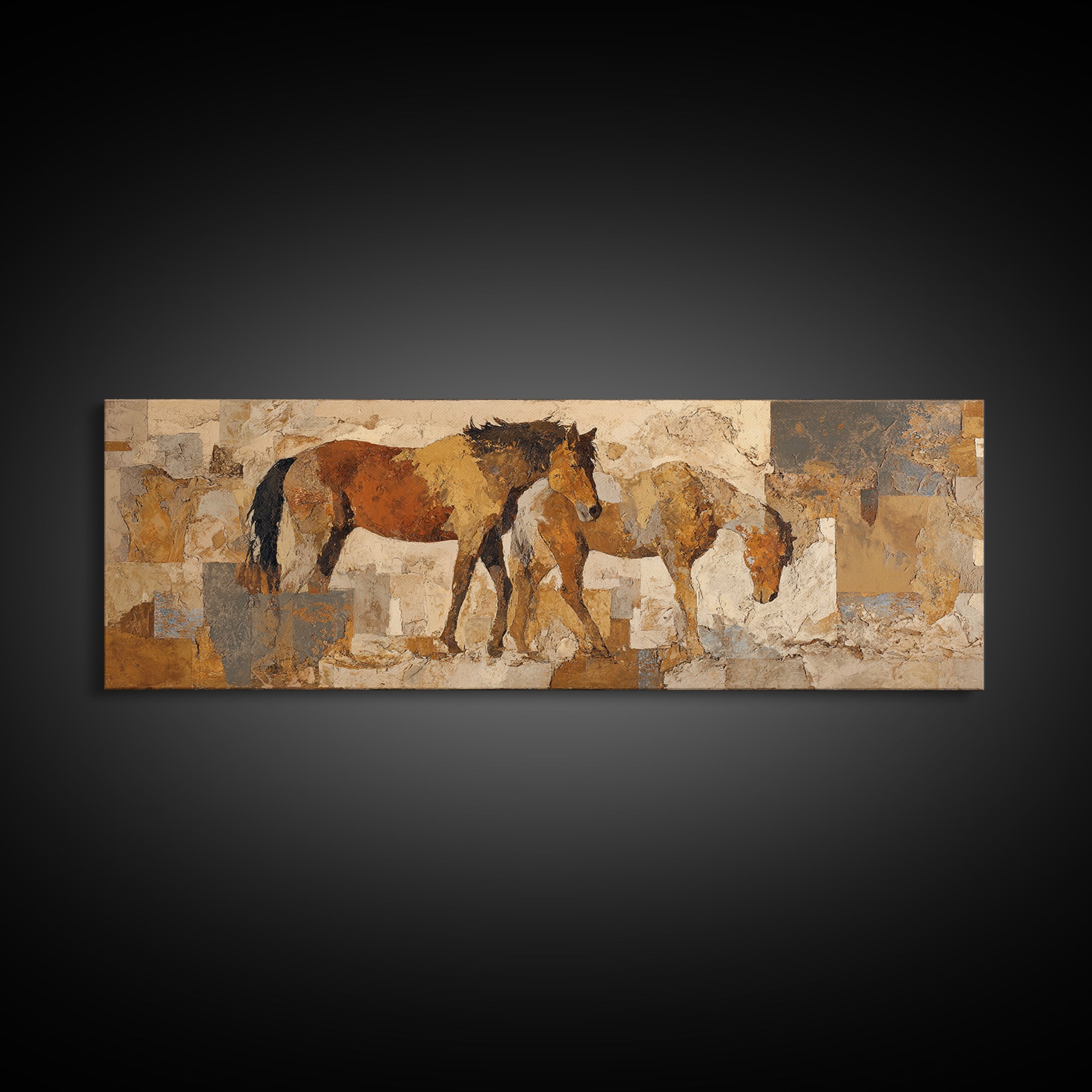 Wild Horse in Dusty Golden Light Framed Canvas Print, Boho Art, Prints, Living Room Decor, Fine Art, Bohemian, Abstract Art, BOH-3x1-72