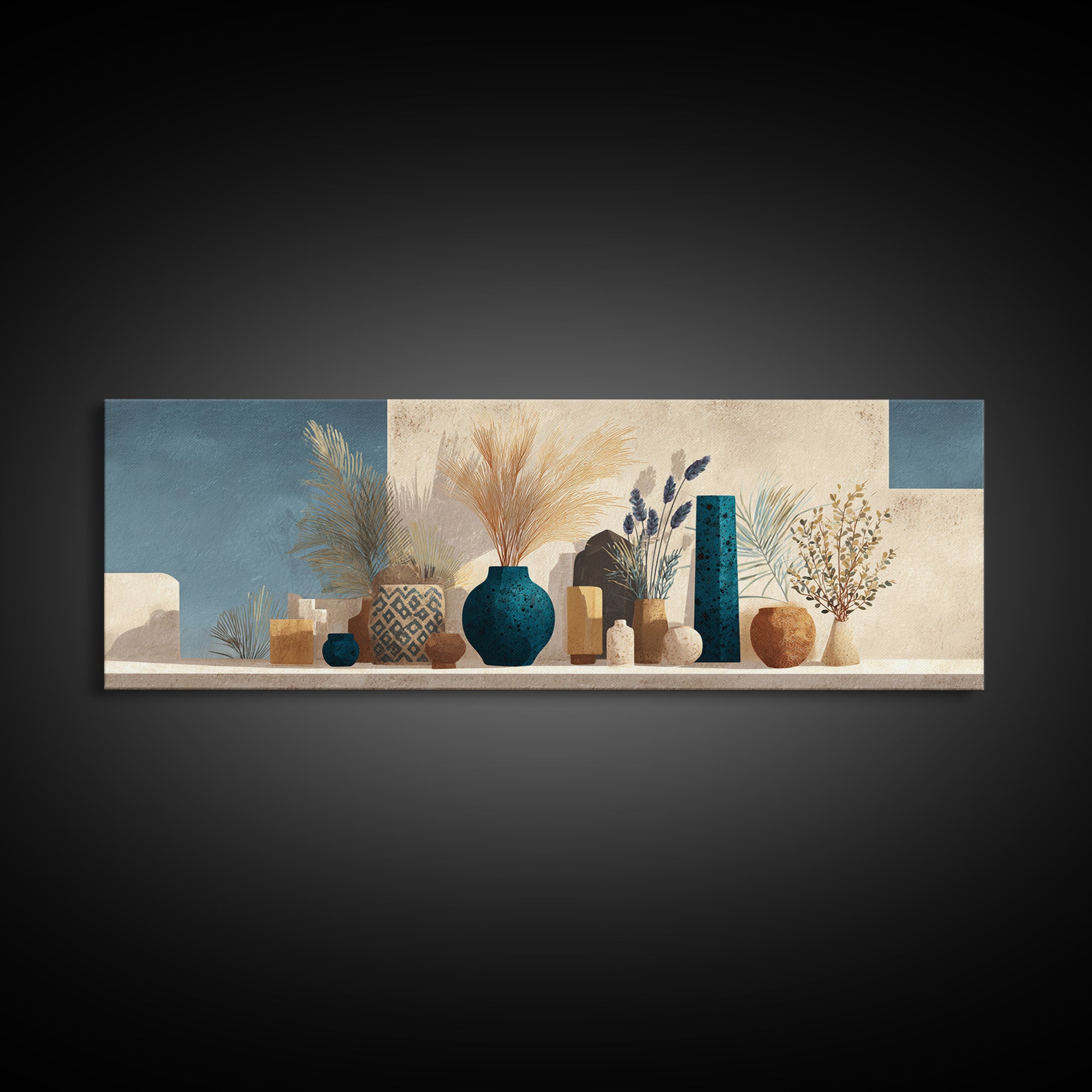 Bohemian Vase with Dried Pampas Grass Framed Canvas Print, Boho Art, Textured Painting, Living Room Decor, Fine Art, Bohemian, BOH-3x1-73