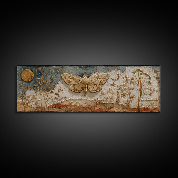 Golden Moth with Moon and Stars Framed Canvas Print, Boho Art, Statement Artwork, Living Room Decor, Fine Art, Bohemian, BOH-3x1-81