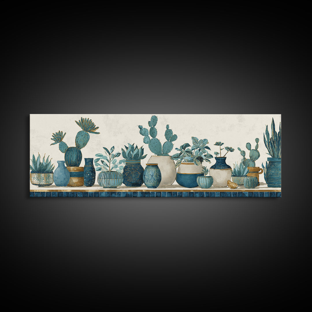 Warm Neutral Cactus Garden Illustration Framed Canvas Print, Boho Art, Boho Wall Art, Living Room Decor, Oil Painting, Bohemian, BOH-3x1-82