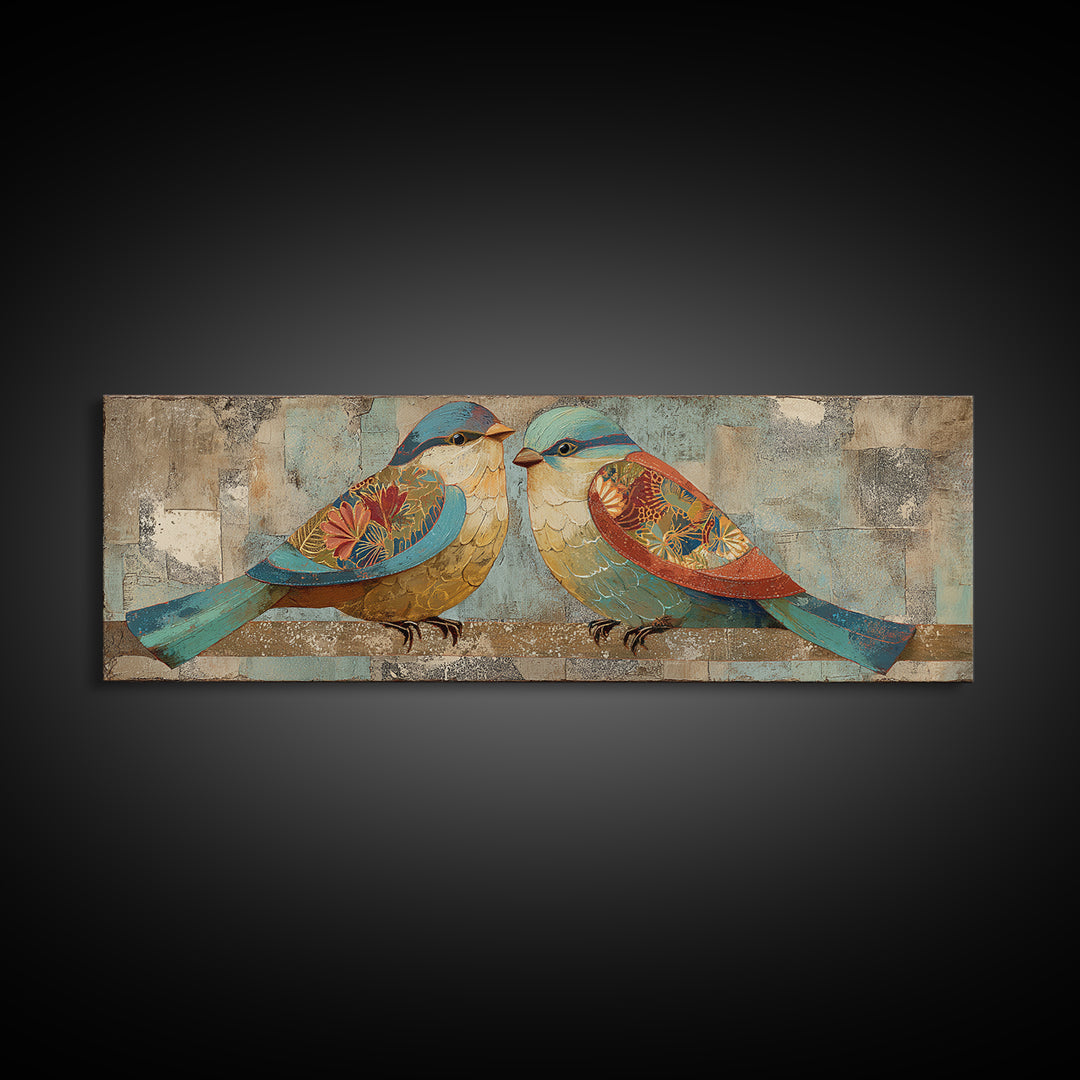 Boho Bird Pair Framed Canvas Print, Boho Art, Digital Art, Living Room Decor, Bohemian, Printable Art, Abstract Wall Art, BOH-3x1-84