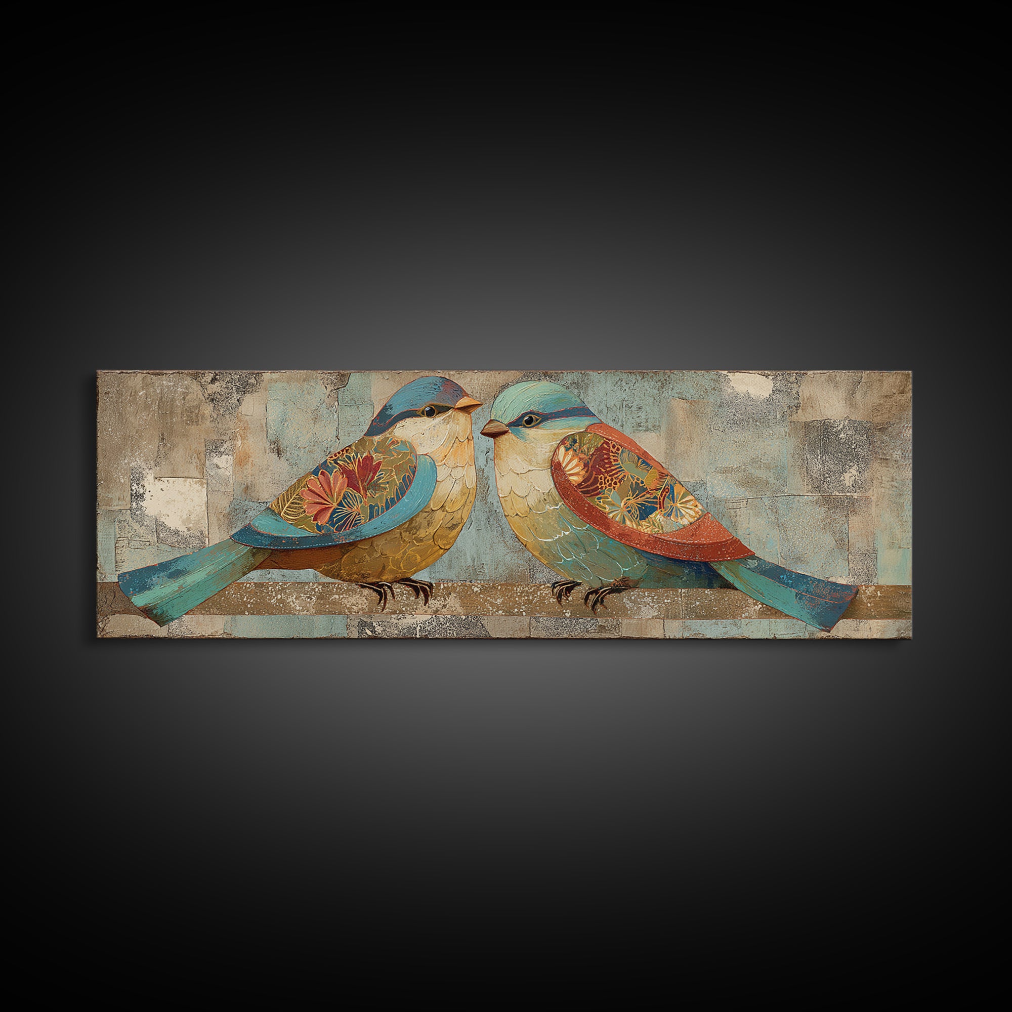 Boho Bird Pair Framed Canvas Print, Boho Art, Digital Art, Living Room Decor, Bohemian, Printable Art, Abstract Wall Art, BOH-3x1-84