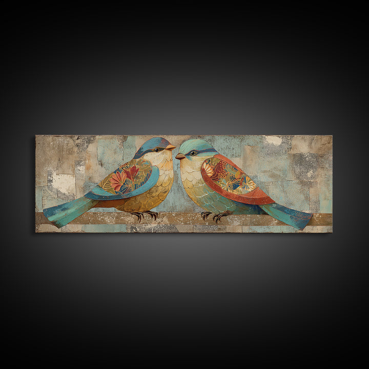 Boho Bird Pair Framed Canvas Print, Boho Art, Digital Art, Living Room Decor, Bohemian, Printable Art, Abstract Wall Art, BOH-3x1-84