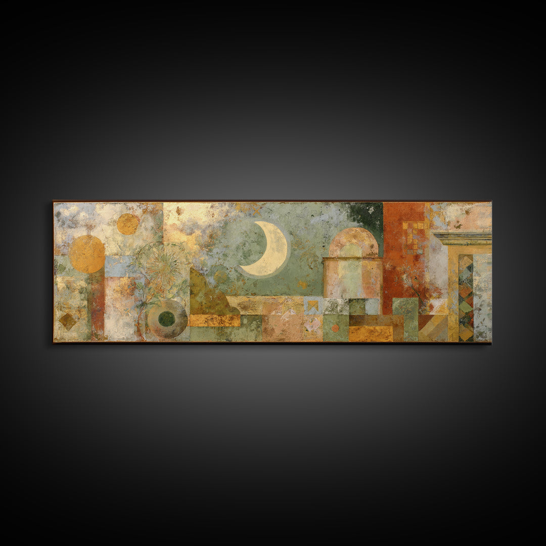 Sage Green Eucalyptus and Crescent Moon Framed Canvas Print, Boho Art, Wallart, Living Room Decor, Fine Art, Bohemian, BOH-3x1-87