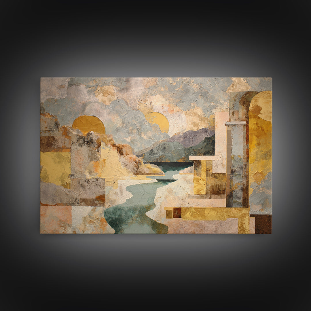 Earth Tone Mountain and River Abstraction Framed Canvas Print, Boho Art, Wall Art Set, Living Room Decor, Fine Art, Bohemian, BOH-3x2-15