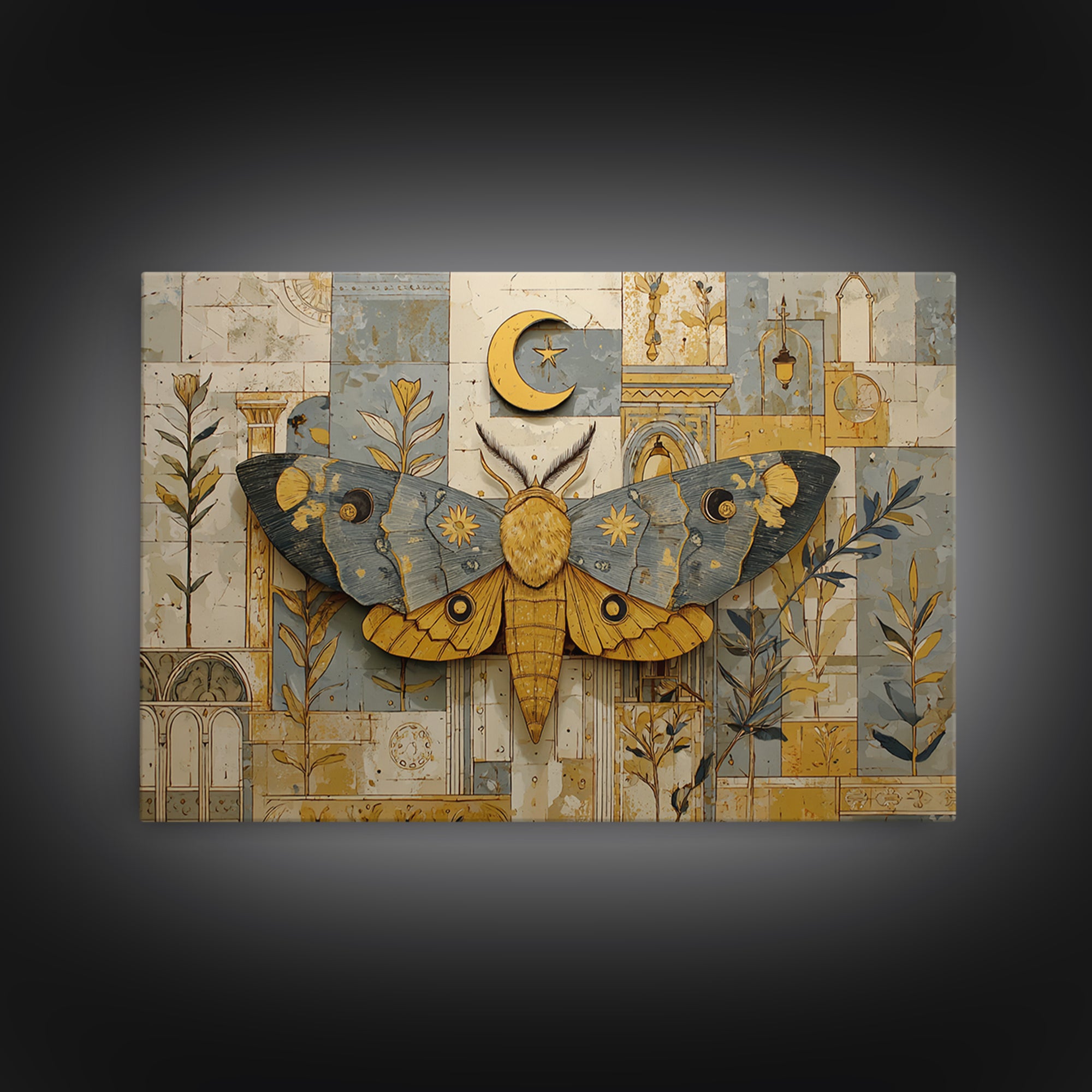 Golden Moth with Moon and Stars Canvas Print, Boho Art, Modern Decor, Living Room Decor, Fine Art, Bohemian, Wall Decor, BOH-3x2-21
