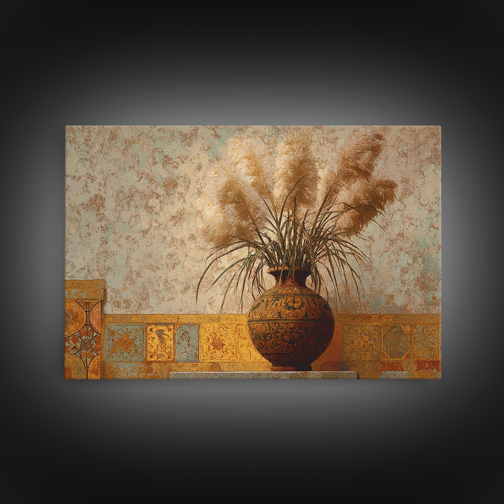 Bohemian Vase with Dried Pampas Grass Canvas Print, Boho Art, Luxury Decor, Living Room Decor, Oil Painting, Bohemian, BOH-3x2-37