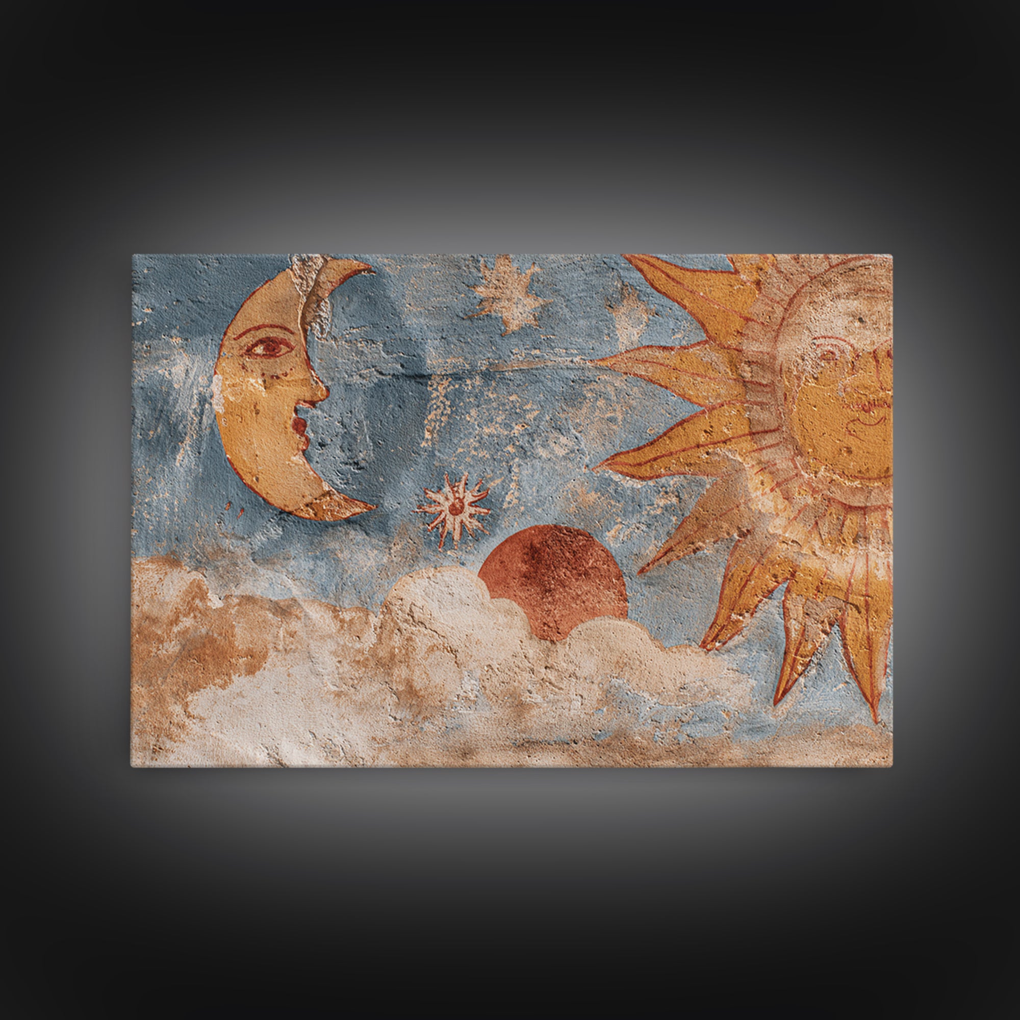 Sun and Moon Celestial Folk Motif Canvas Print, Boho Art, Wall Art Print, Living Room Decor, Fine Art, Bohemian, Luxury Decor, BOH-3x2-38