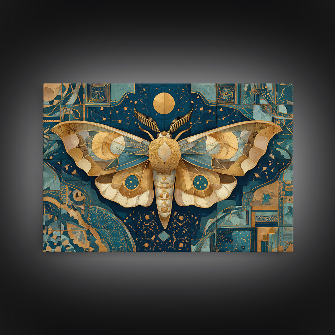 Golden Moth with Moon and Stars Framed Canvas Print, Boho Art, Textured Painting, Living Room Decor, Fine Art, Bohemian, BOH-3x2-45