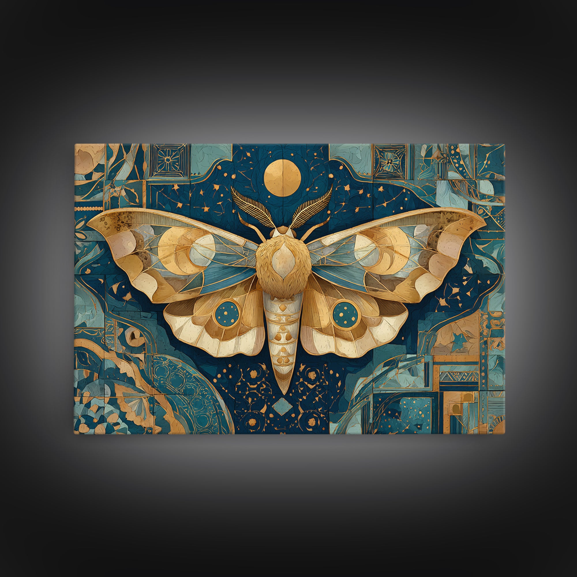 Golden Moth with Moon and Stars Framed Canvas Print, Boho Art, Textured Painting, Living Room Decor, Fine Art, Bohemian, BOH-3x2-45