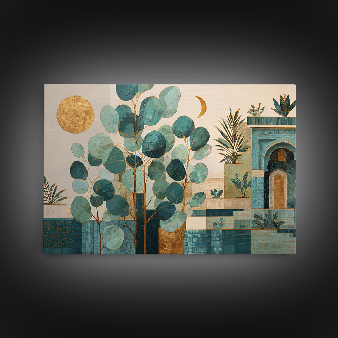 Sage Green Eucalyptus and Crescent Moon Canvas Print, Boho Art, Art Print, Living Room Decor, Fine Art, Bohemian, Digital Print, BOH-3x2-51
