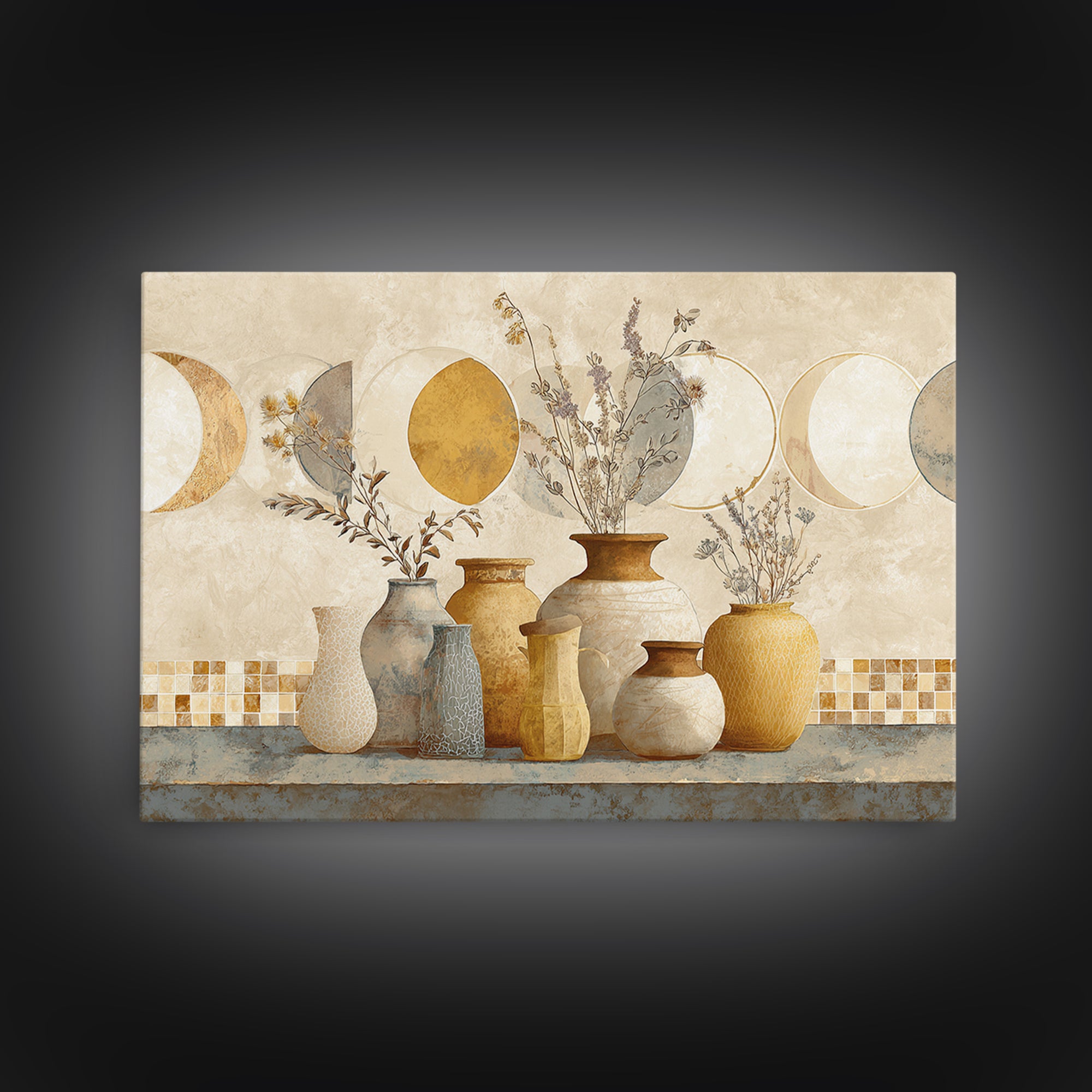 Moon Phases Above Botanical Silhouettes Framed Canvas Print, Boho Art, Boho Wall Art, Living Room Decor, Fine Art, Bohemian, BOH-3x2-6