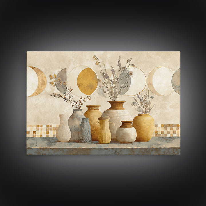 Moon Phases Above Botanical Silhouettes Framed Canvas Print, Boho Art, Boho Wall Art, Living Room Decor, Fine Art, Bohemian, BOH-3x2-6