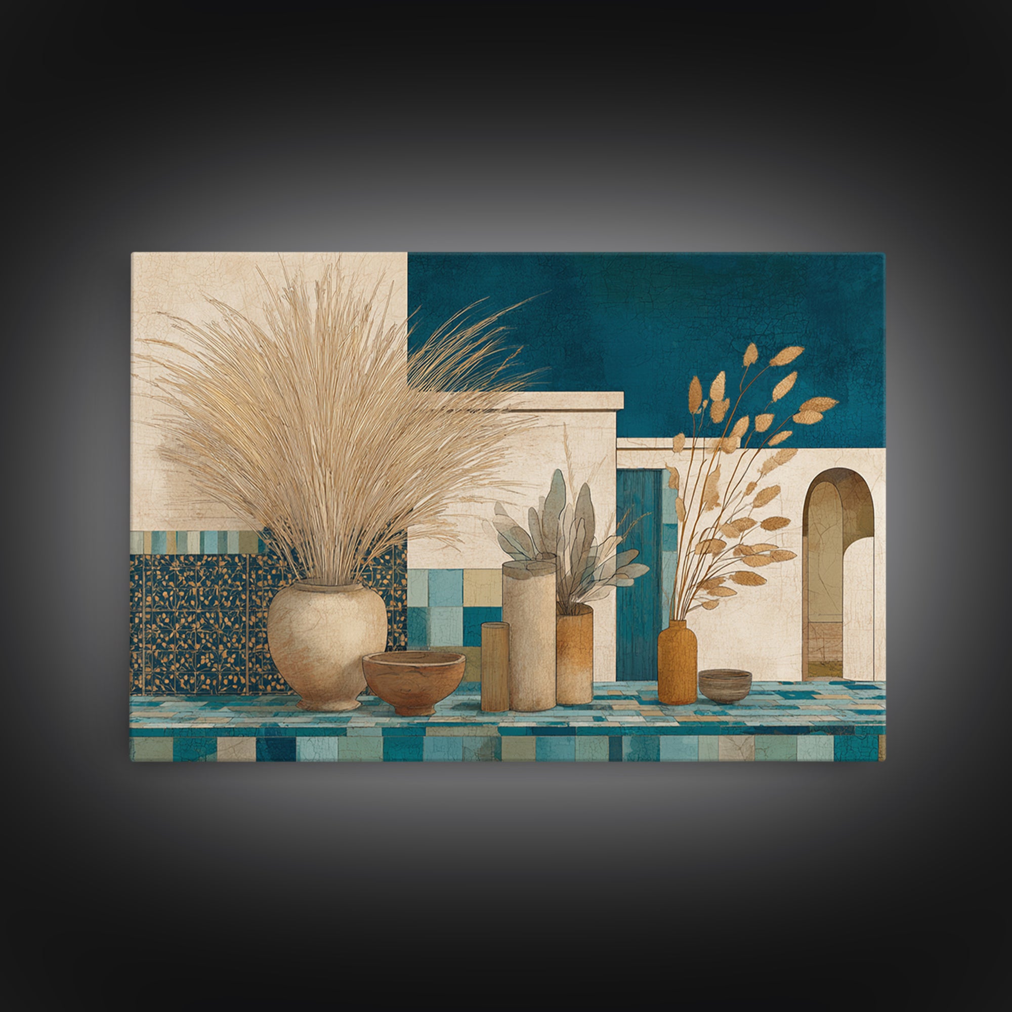 Bohemian Vase with Dried Pampas Grass Canvas Print, Boho Art, Luxury Decor, Living Room Decor, Oil Painting, Bohemian, BOH-3x2-61
