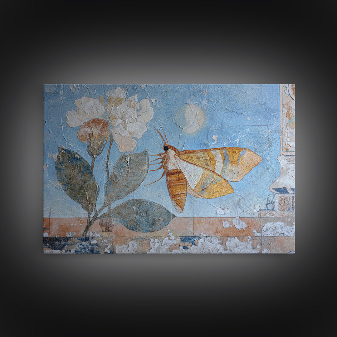 Golden Moth with Moon and Stars Framed Canvas Print, Boho Art, Textured Painting, Living Room Decor, Fine Art, Bohemian, BOH-3x2-69