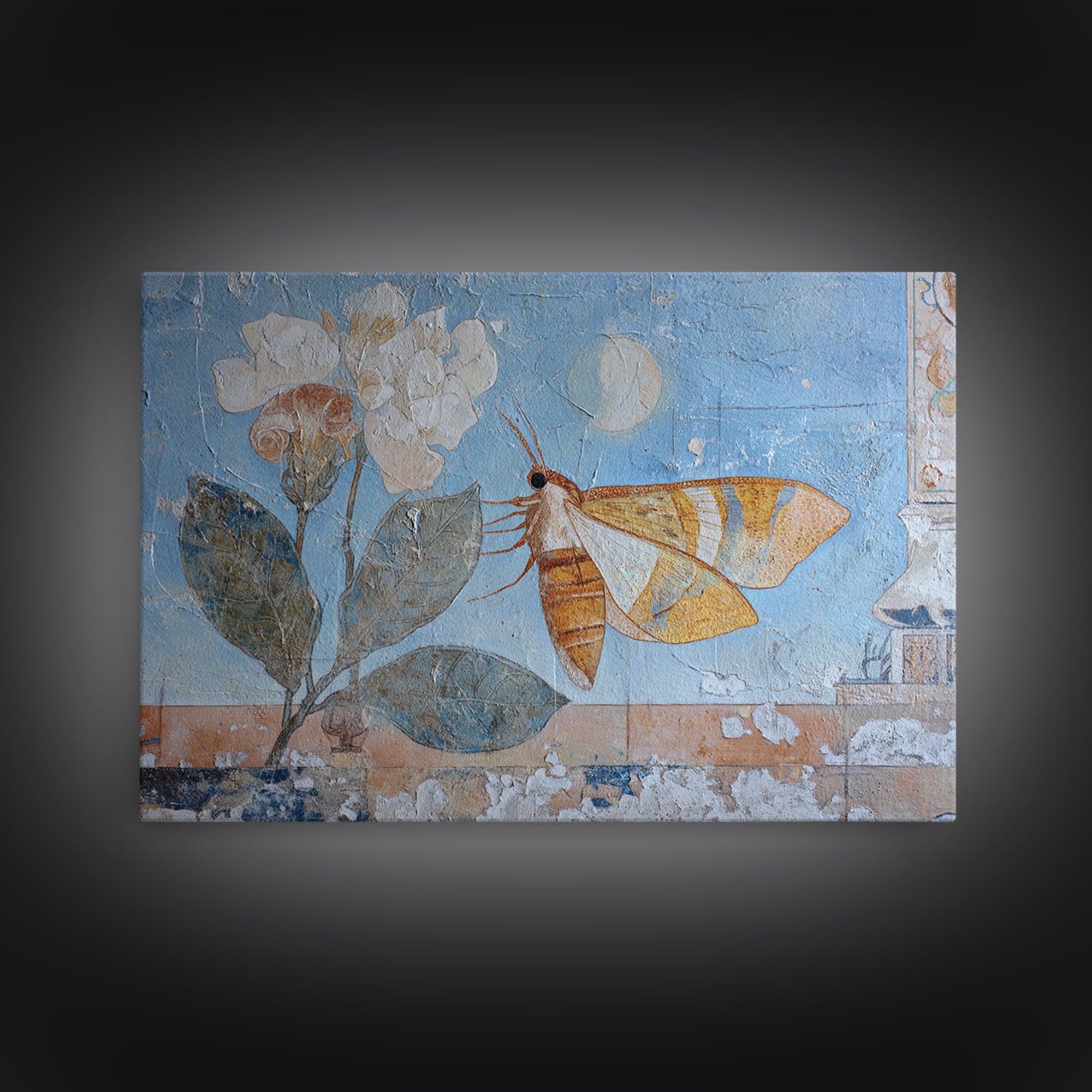 Golden Moth with Moon and Stars Framed Canvas Print, Boho Art, Textured Painting, Living Room Decor, Fine Art, Bohemian, BOH-3x2-69