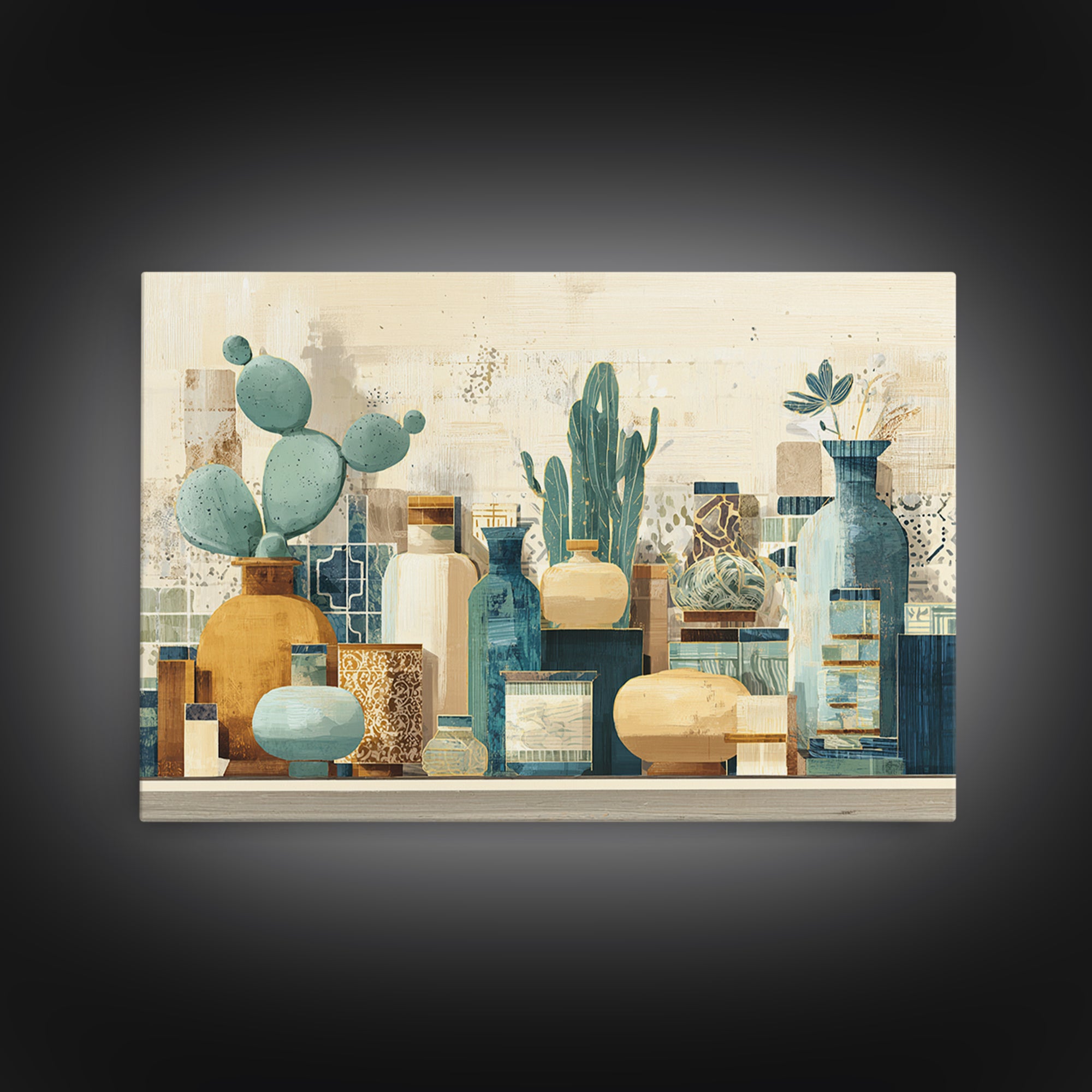 Warm Neutral Cactus Garden Illustration Framed Canvas Print, Boho Art, Boho Decor, Living Room Decor, Fine Art, Bohemian, BOH-3x2-70