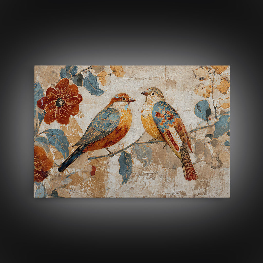 Boho Bird Pair Canvas Print, Boho Art, Mid Century Modern, Living Room Decor, Fine Art, Bohemian, Boho Wall Art, Garden Art, BOH-3x2-72