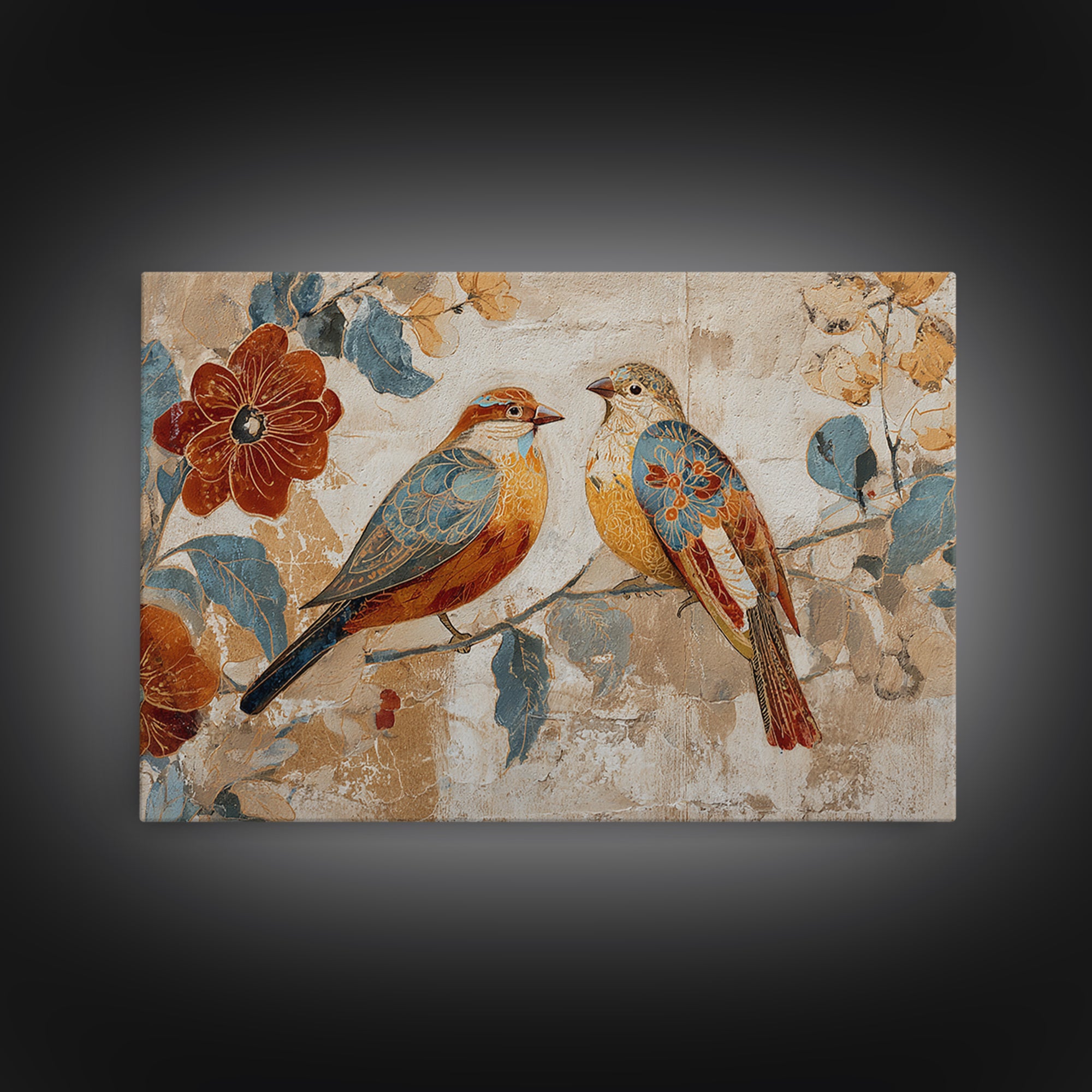 Boho Bird Pair Canvas Print, Boho Art, Mid Century Modern, Living Room Decor, Fine Art, Bohemian, Boho Wall Art, Garden Art, BOH-3x2-72