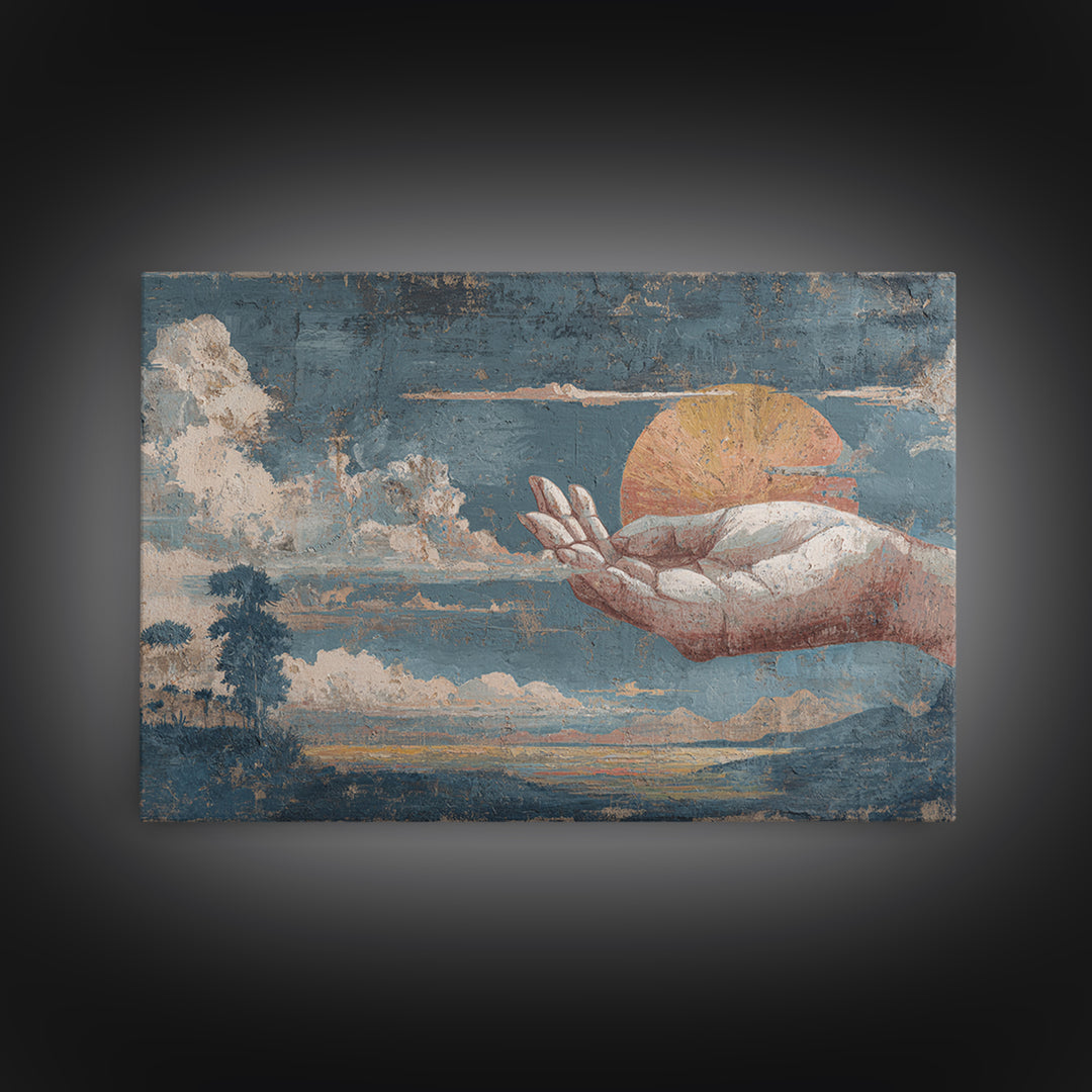 Mystic Hand Holding a Tiny Sun Framed Canvas Print, Boho Art, Statement Artwork, Living Room Decor, Oil Painting, Bohemian, BOH-3x2-82
